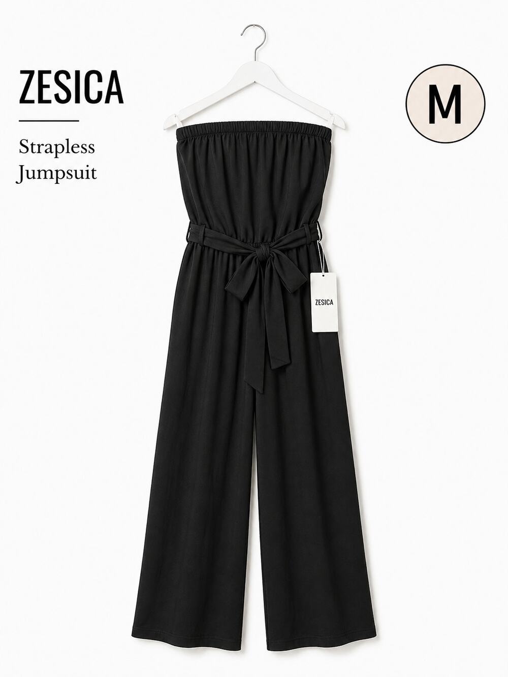 Zesica Strapless Jumpsuit Black Wide Leg Belted Romper Medium NWT